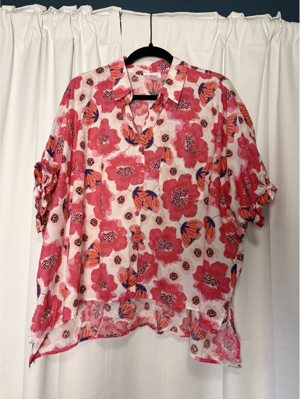Anniewear Los Angelos Pink Floral Collared Cotton Tunic Billow Blouse Medium - Picture 7 of 8